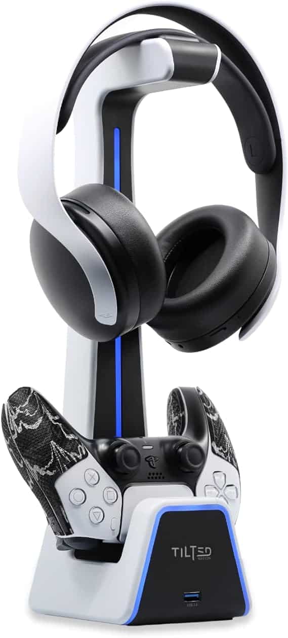 A ps4 controller with headphones on top of it.