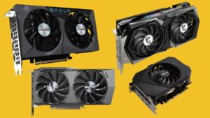 Several RTX 3050 GPUs on a yellow background