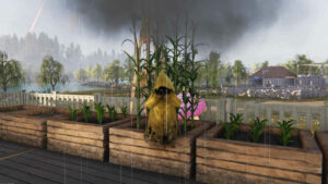 Rain Man Once Human: A picture of a small demon wearing a yellow rain coat with a rain clod around it.