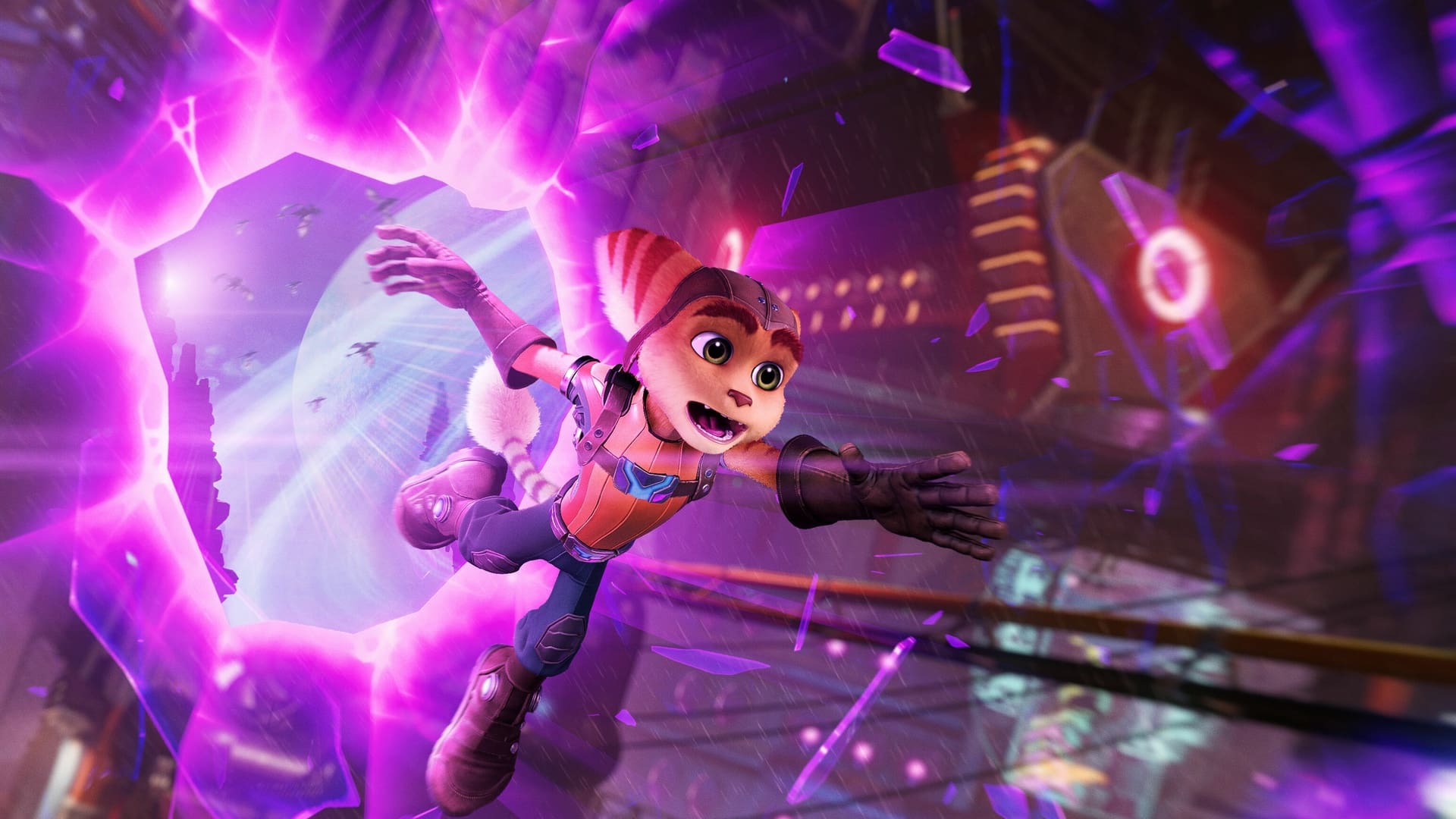 Ratchet jumping through a dimensional rift in Ratchet and Clank: Rift Apart on PS5