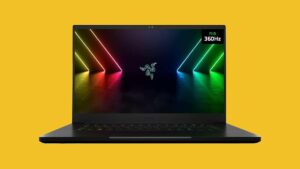 Razer Blade 15 Gaming Laptop on yellow backgorund.