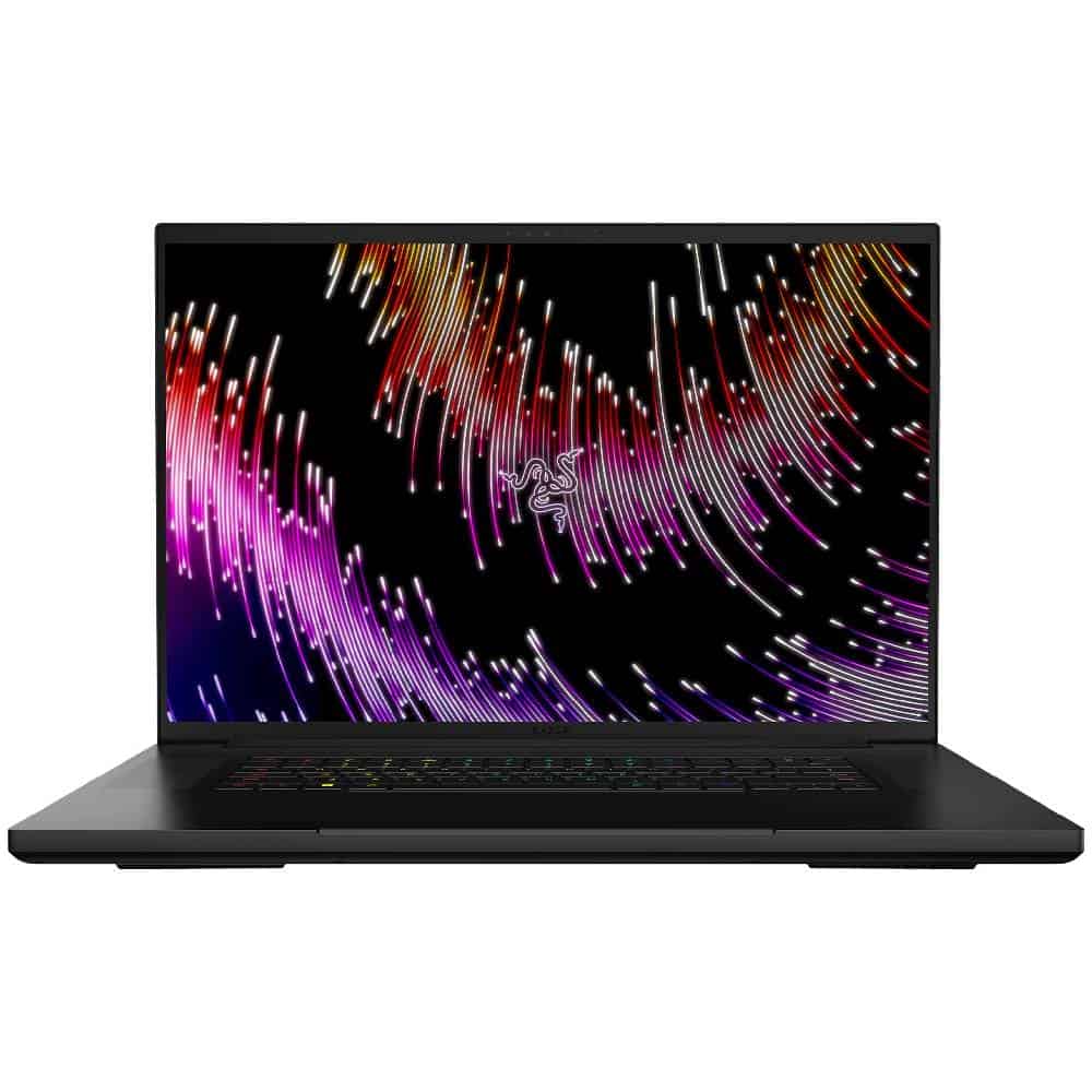 A black Razer Blade 18 laptop with vibrant colors in the background.