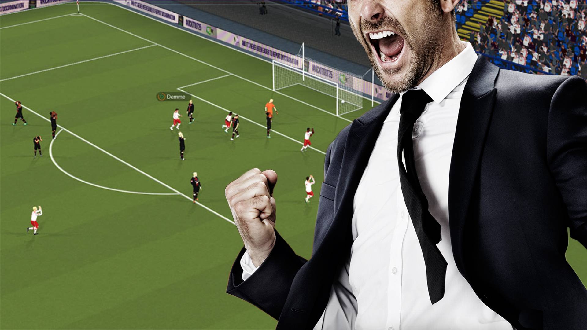 Football Manager 24 gameplay next to an image of a manager cheering