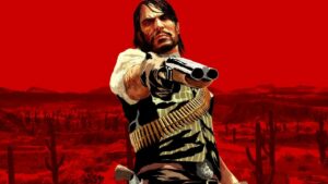 A man with a gun against a red background in Red Dead Redemption for PC.