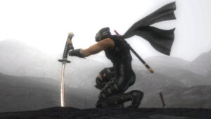 A ninja in black armor kneels on a foggy mountain, grasping a katana planted in the ground