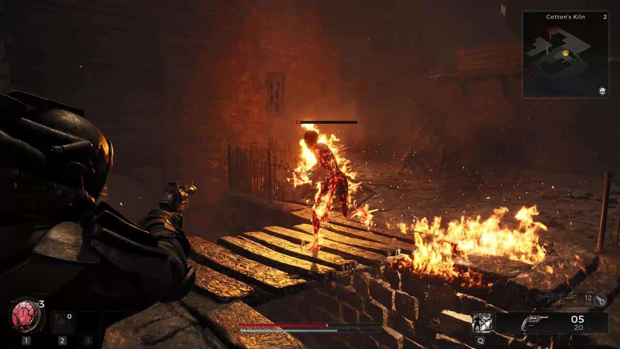 How to level up fast in Remnant 2: A flaming enemy runs across a bridge towards the player.