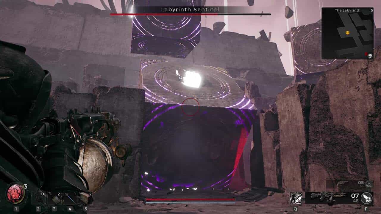 Remnant 2 Labyrinth Sentinel: A cube rolling towards the player with its weak spot exposed.