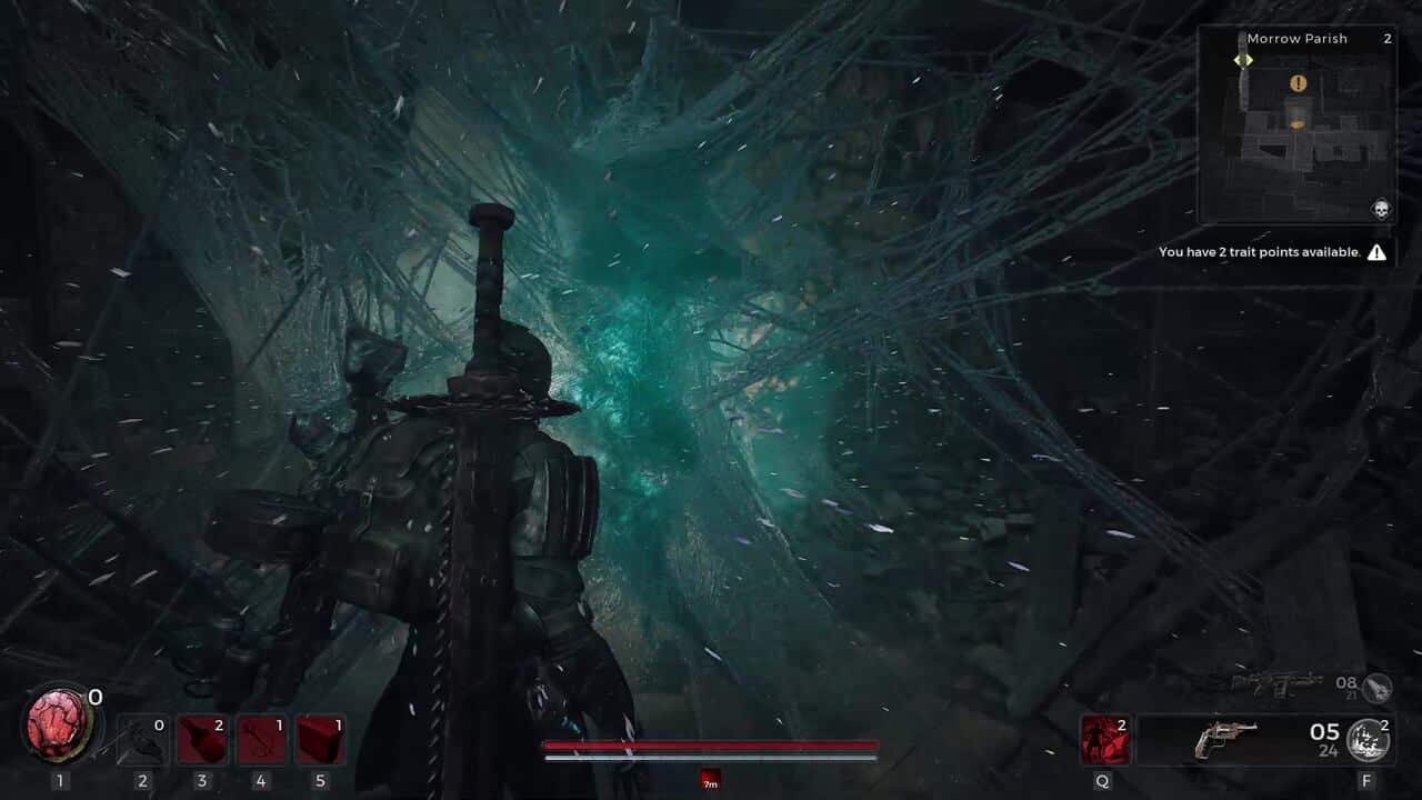 Remnant 2 Nightweaver Stone Doll: The player in front of the portal to the alternate asylum.