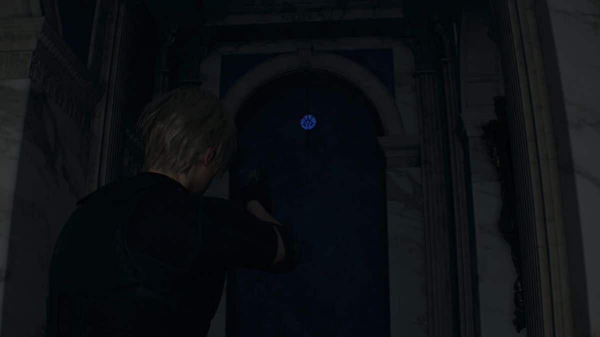 Resident Evil 4 Remake Grand Hall first medallion hanging from an arch