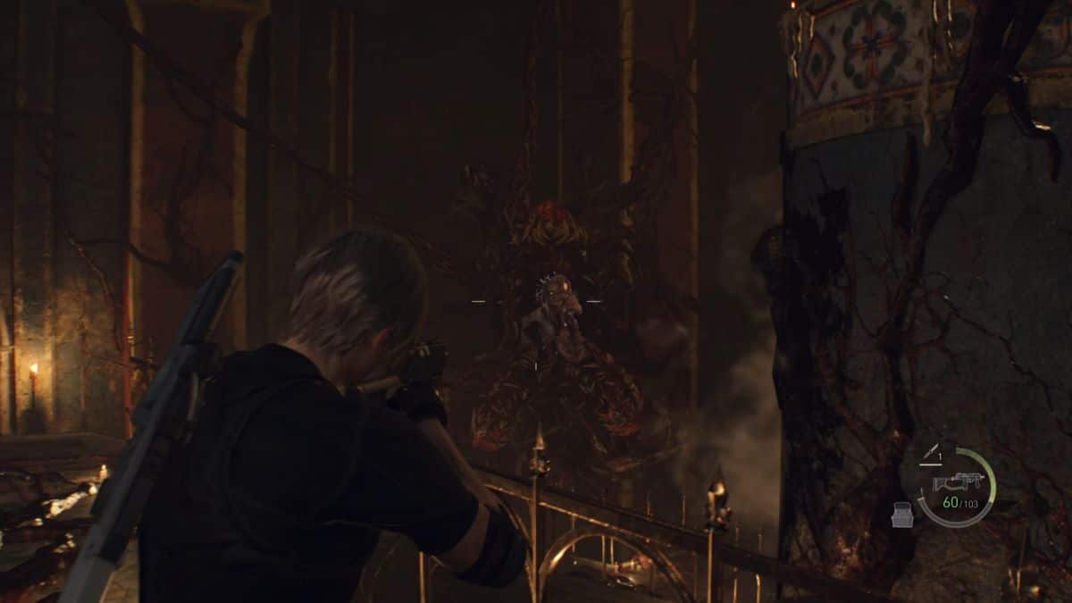 Resident Evil 4 Remake - Leon fires at Salazar with an SMG