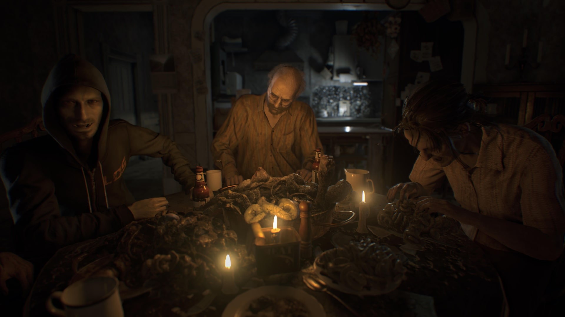 The Baker family gathers around a grotesque dinner table in Resident Evil 7, illuminated by flickering candlelight and piled high with decayed food.