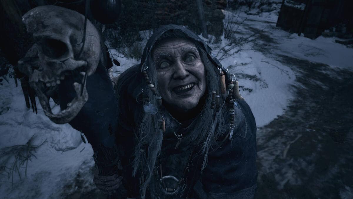 An old woman with a skull on her staff in Resident Evil Village.