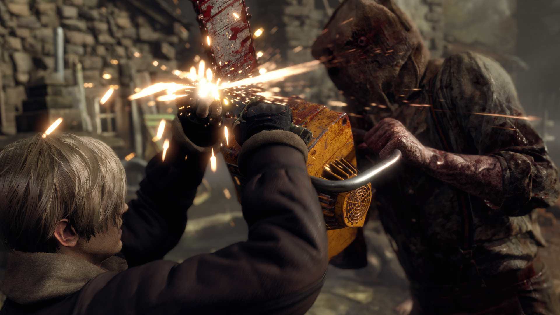 Resident Evil 4 Remake Leon fighting chainsaw man