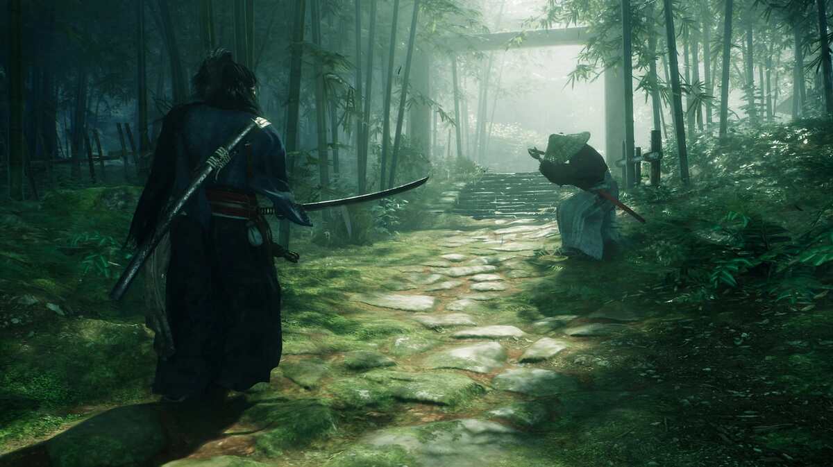 Two individuals in traditional samurai attire, one bowing and the other standing with a sword, in Rise of the Ronin