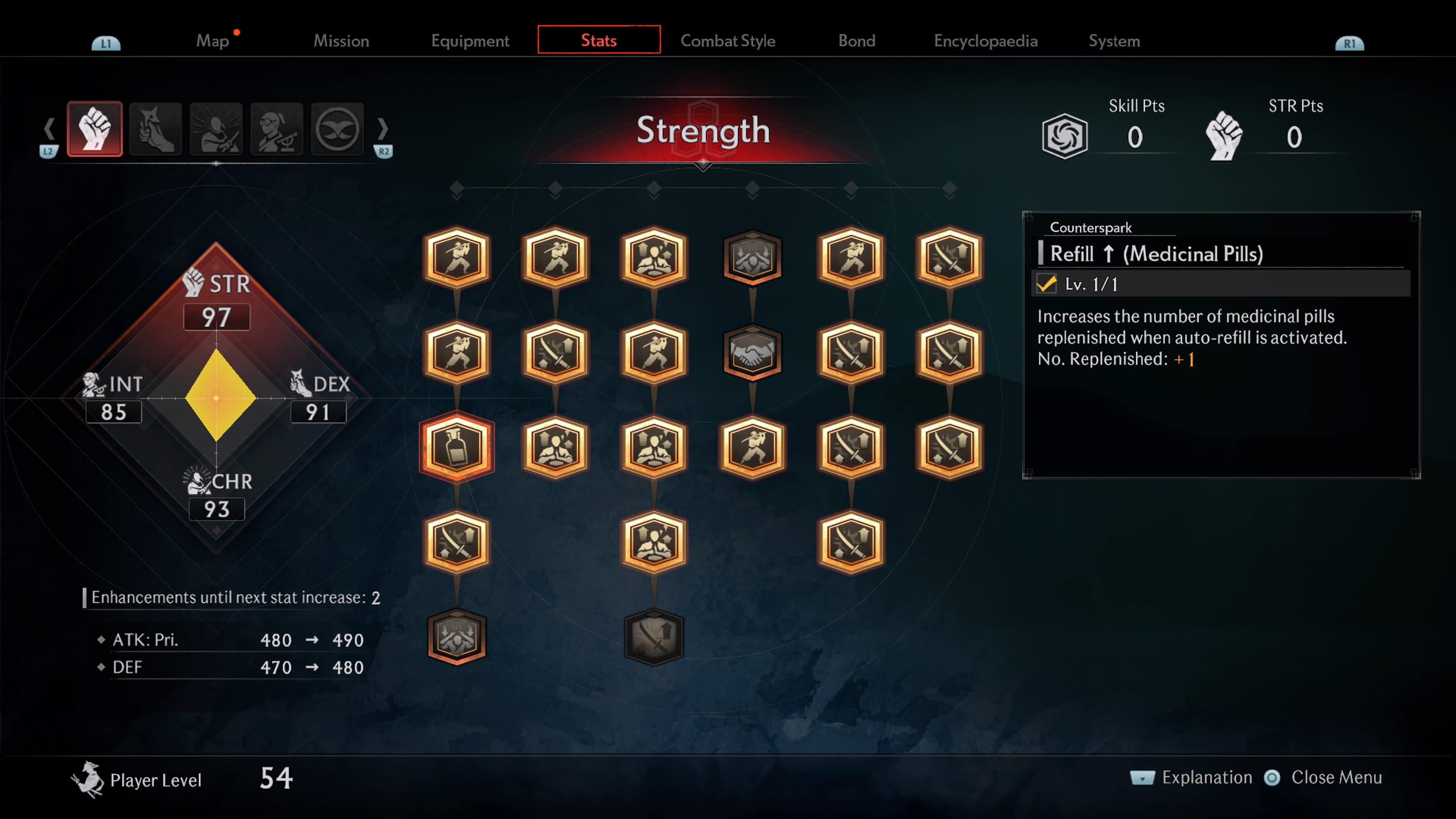 A screenshot of the video game Rise of the Ronin's skill tree user interface, highlighting a strength attribute and a specific skill called counterattack with a description for how to get more Medicinal Pills.