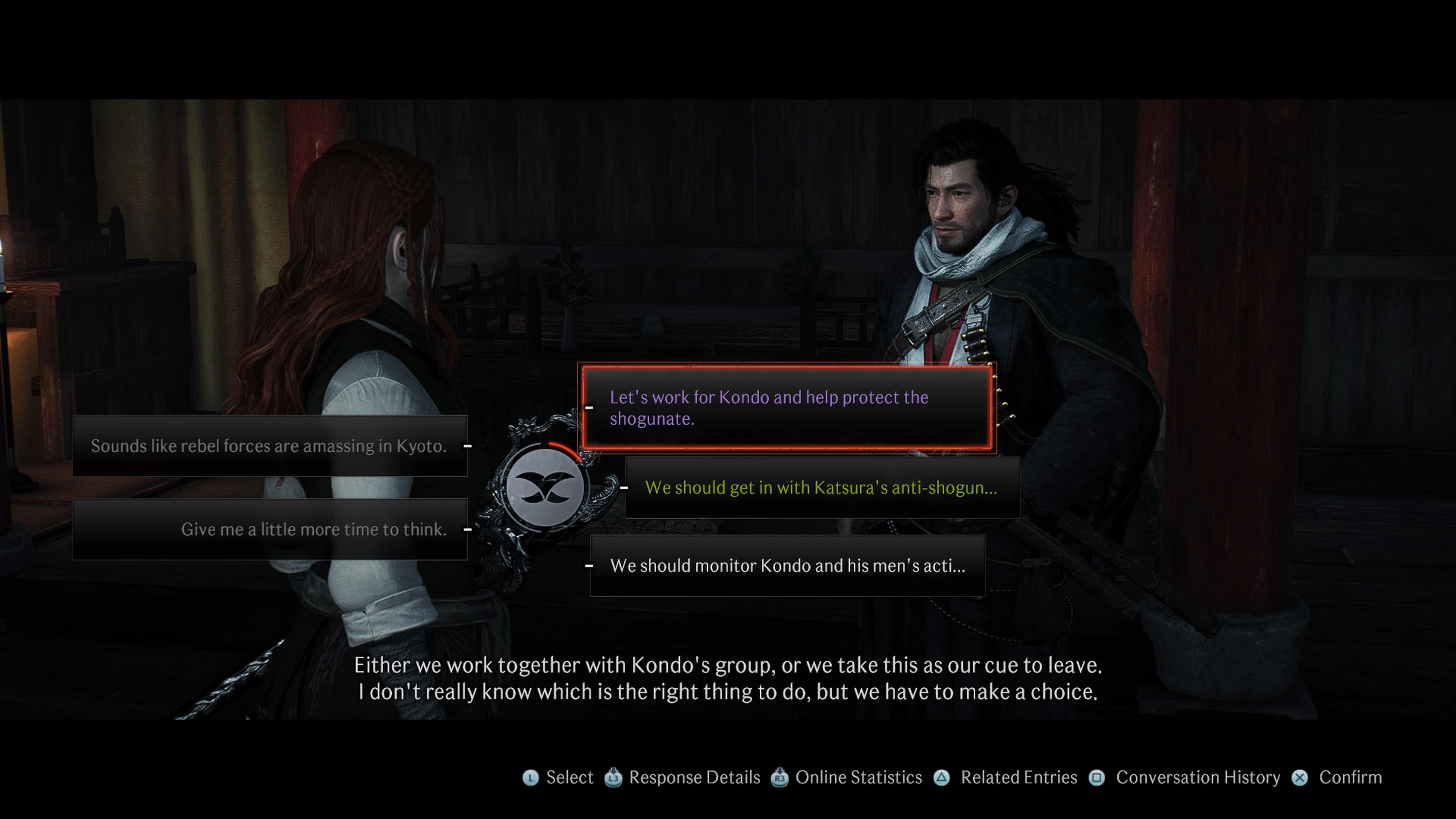 Rise of the Ronin - pro or anti shogunate faction: image shows the two factions dialogue options