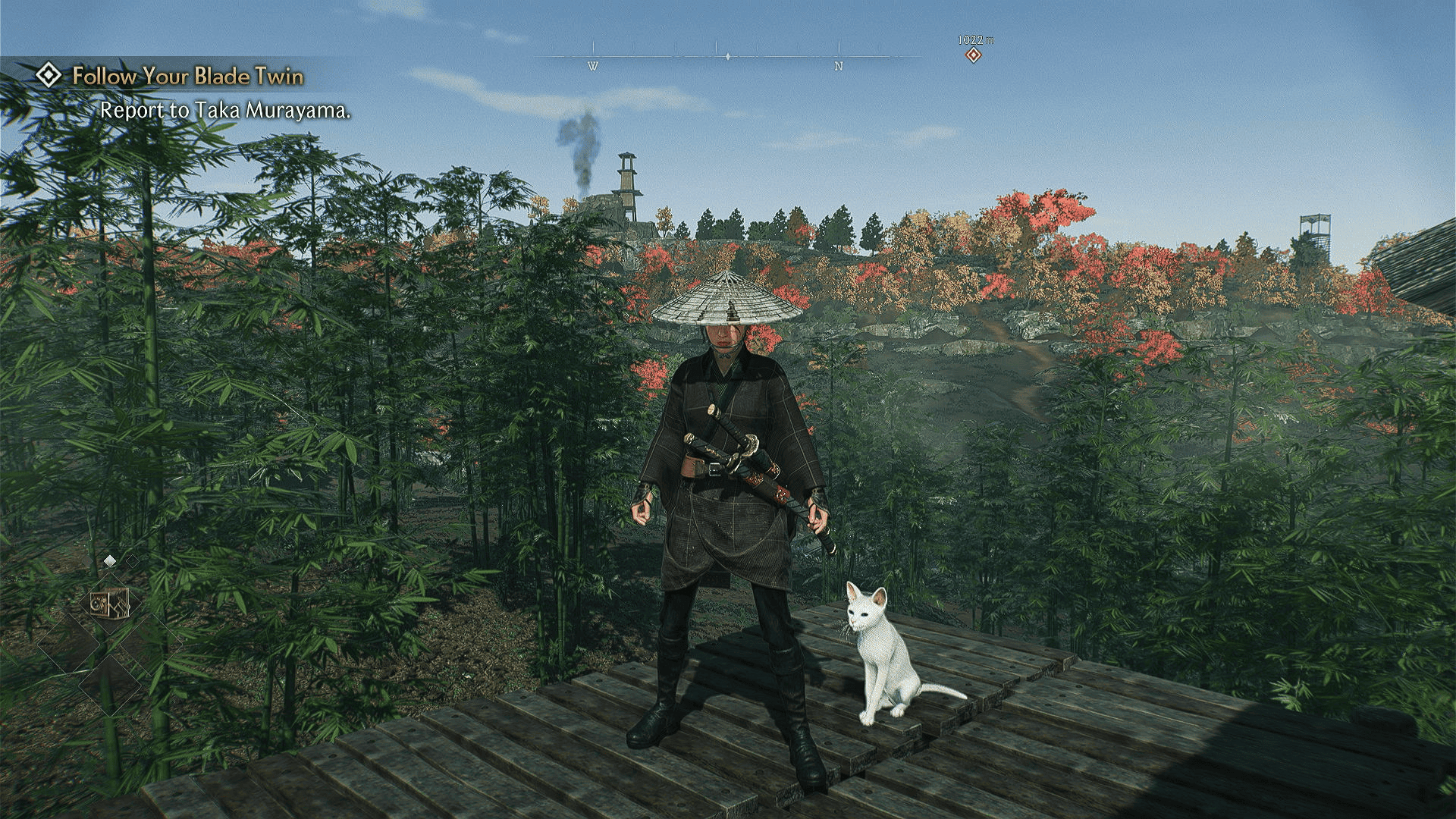 Rise of the Ronin review - standing with a cat looking over Yokohama.
