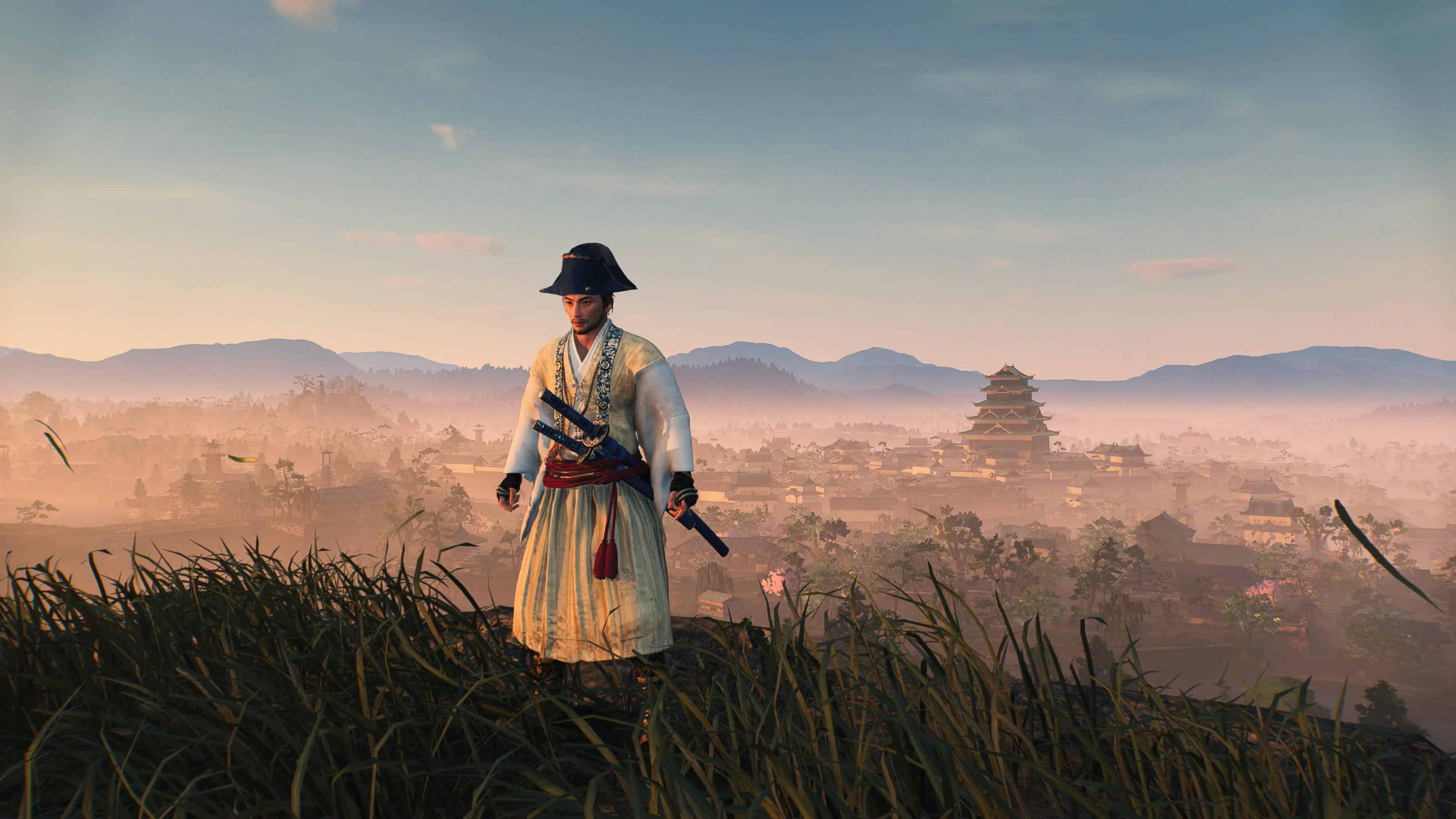 Rise of the Ronin pro vs anti-shogun: our character stands on a hill overlooking the land