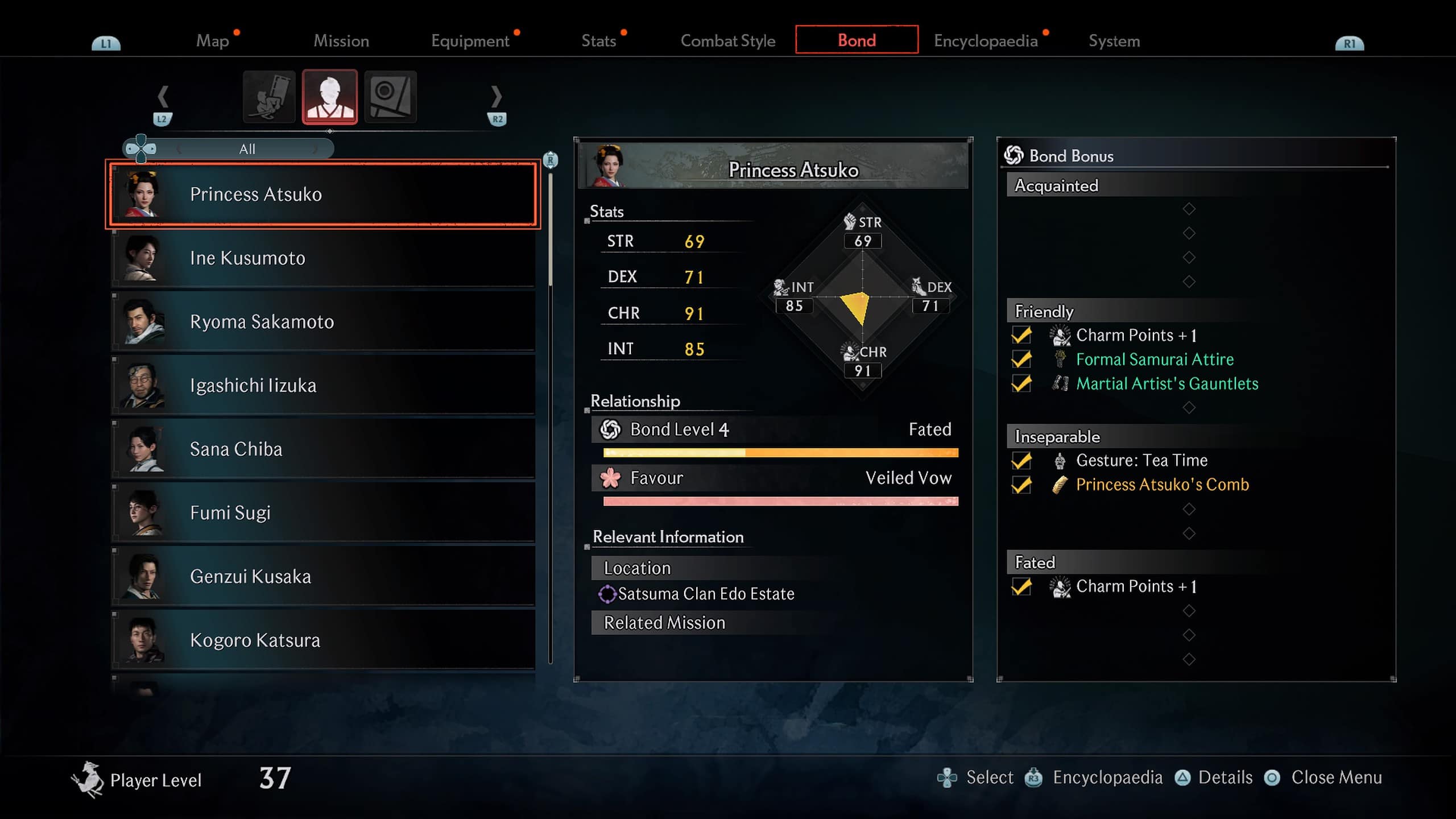 rise of the ronin romance: menu shows the character Bonds you have formed.