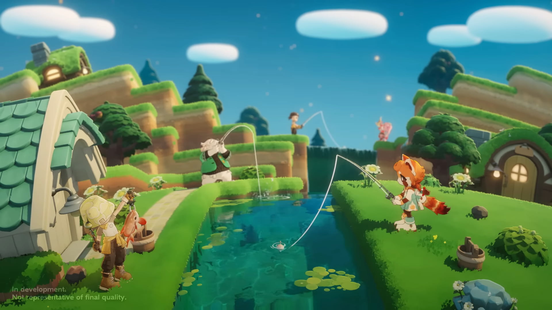 Characters fishing together by a clear stream in a bright grassy landscape.