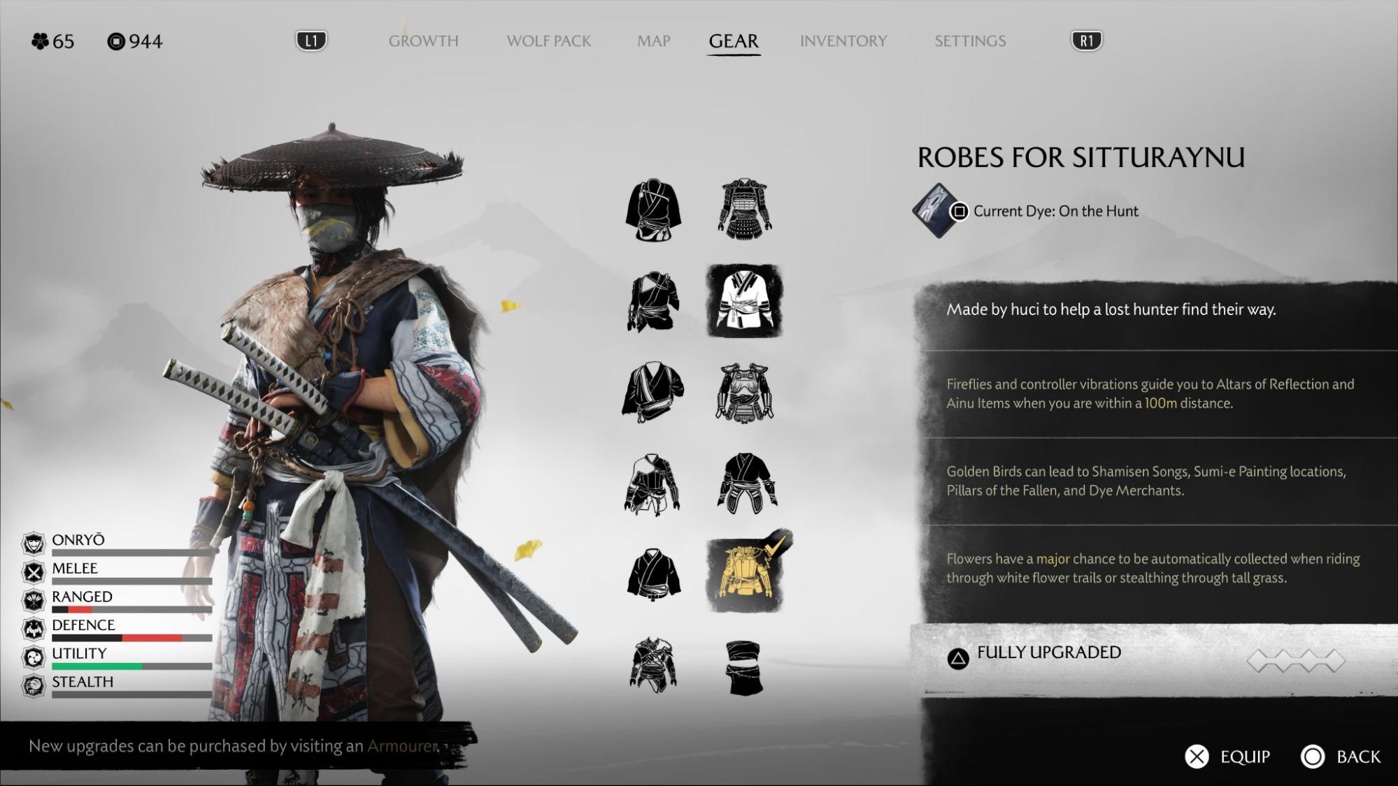 Player viewing the fully upgraded Robes for Sitturaynu armor in Ghost of Yotei gear menu