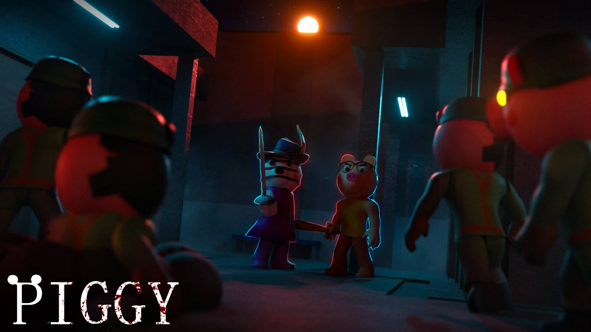 Piggy Roblox scene with armed characters in a dark alley