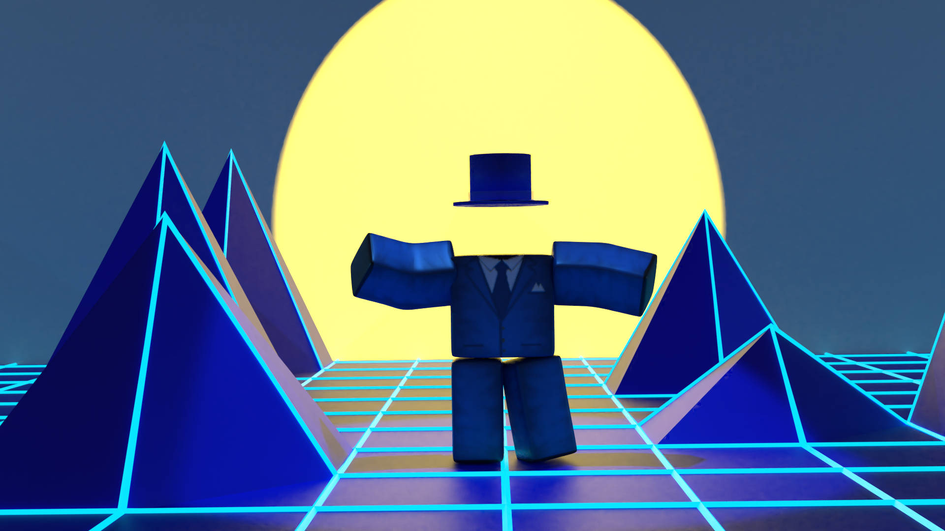 Roblox character in neon pyramid world with glowing sun backdrop