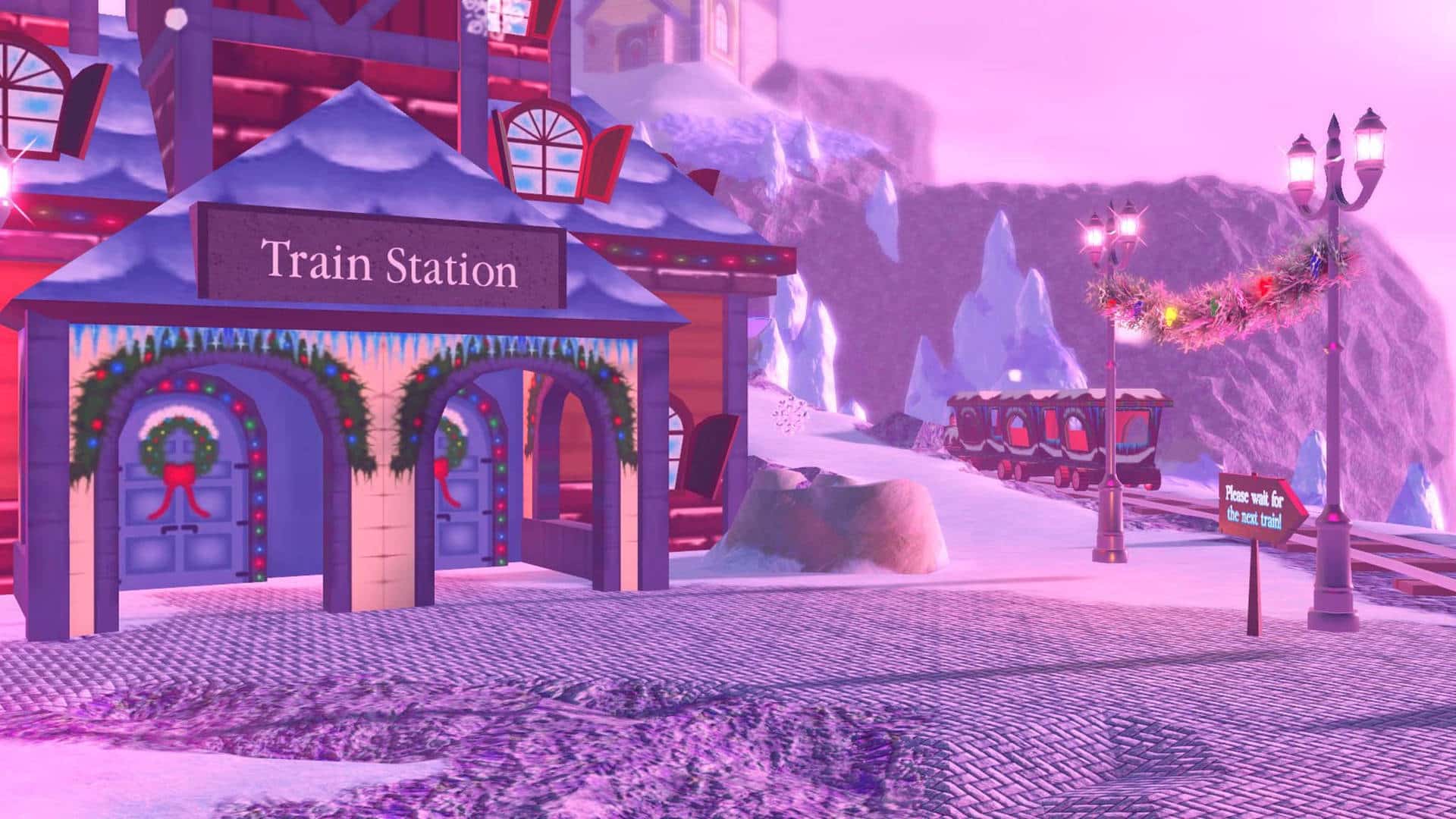 Roblox snowy train station with Christmas decor