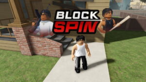 Image or a Roblox character from the BlockSpin game standing in front of a house, with the game's logo at the top
