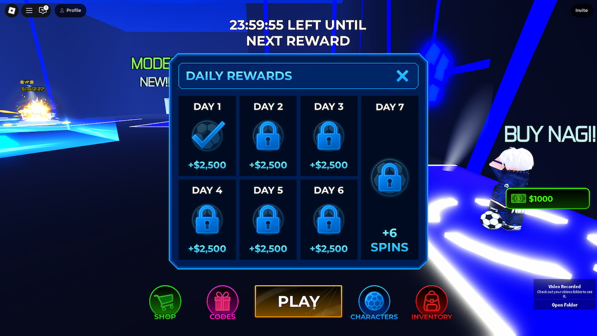 Project Blue Lock Daily rewards window, showing one claimed rewards and five six locked ones.