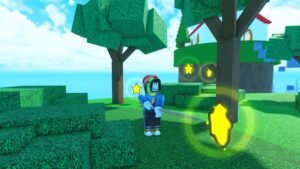 A Roblox character standing in a forest with glowing yellow stars, holding a skewer in Human Kebabs.