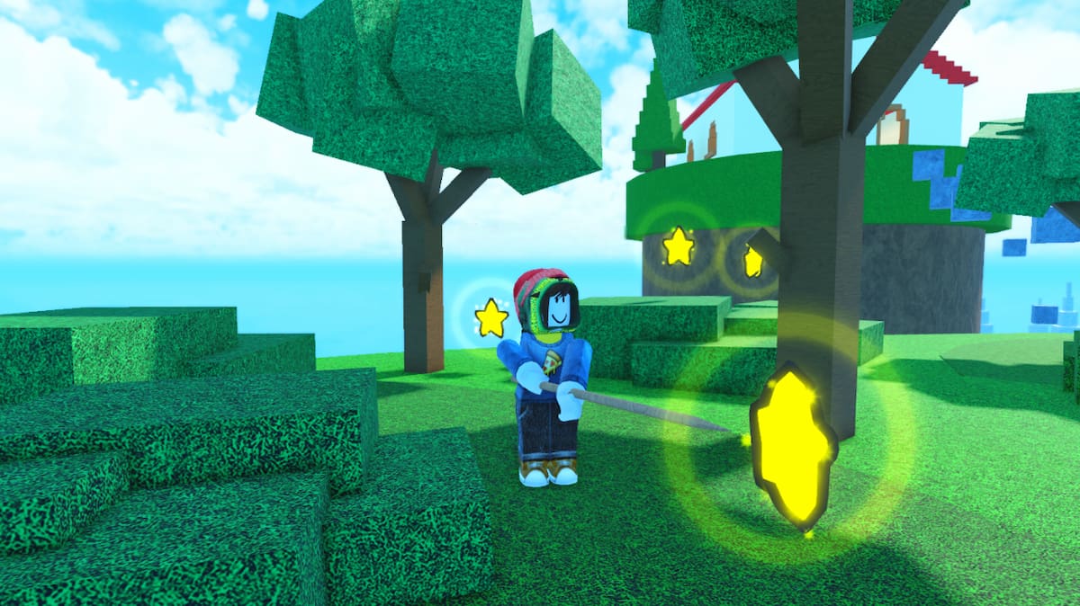 A Roblox character standing in a forest with glowing yellow stars, holding a skewer in Human Kebabs.