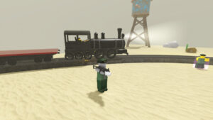 A Roblox character standing next to a train in Payload, holding a submachine gun.