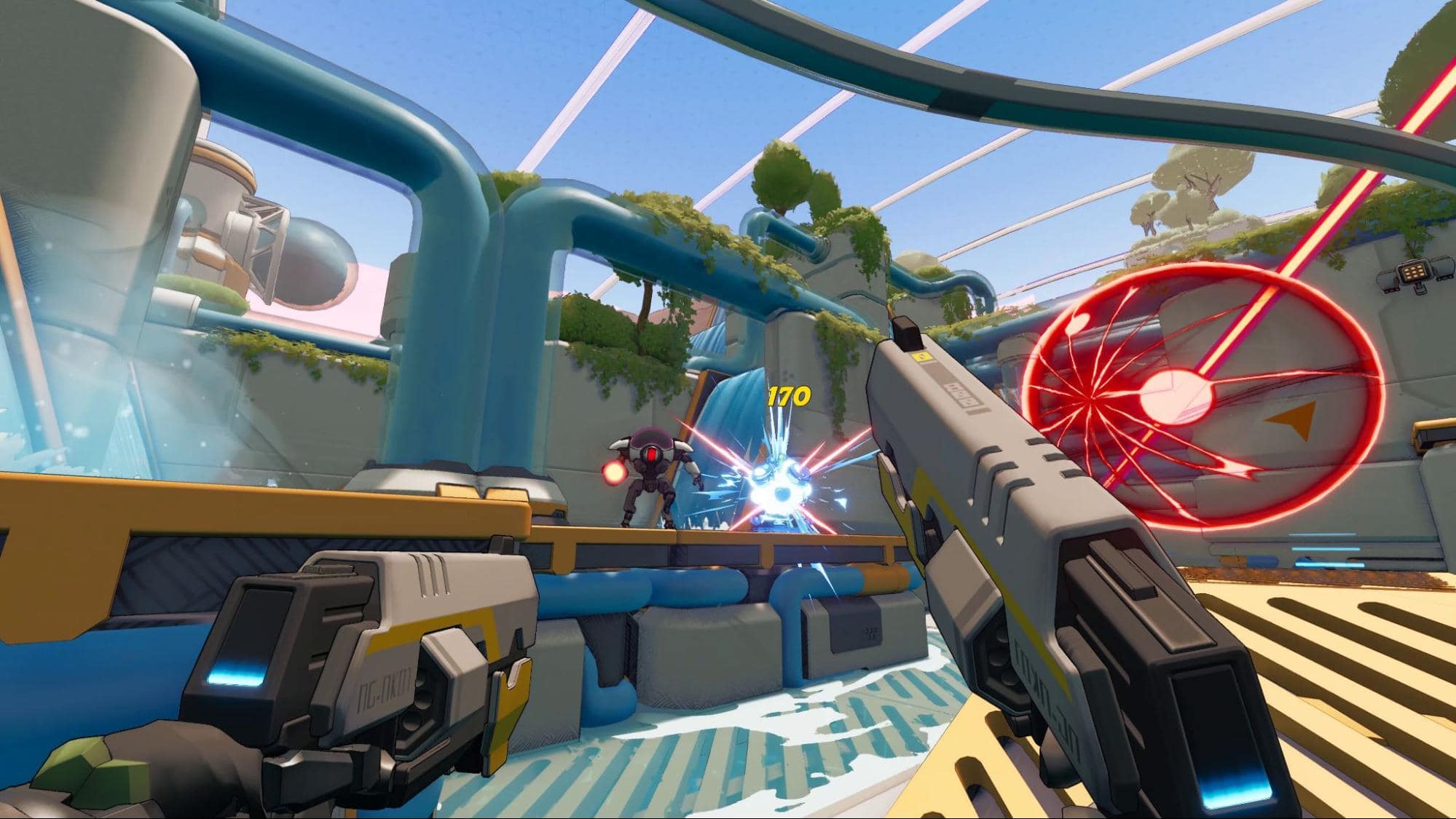 Player fires dual pistols at enemy robot in bright futuristic arena in Roboquest