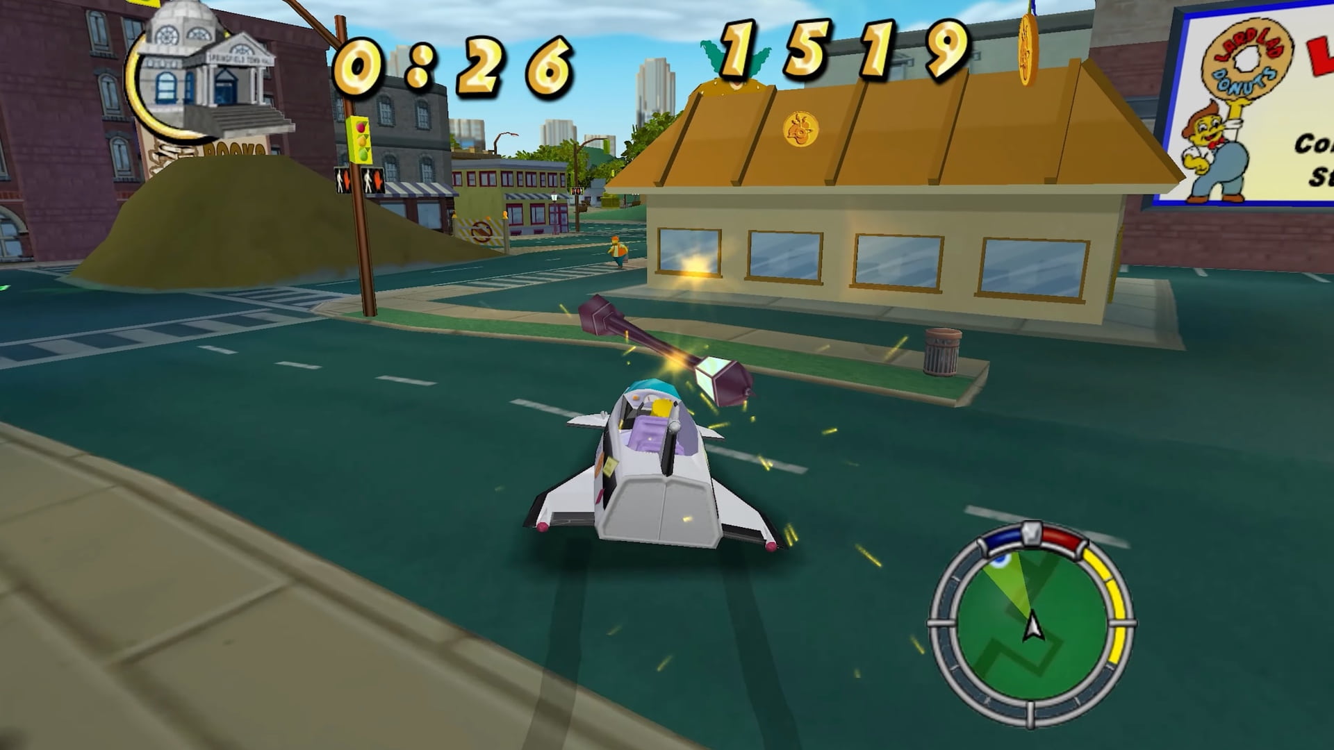 Player driving the Rocket Car through Springfield in The Simpsons Hit & Run