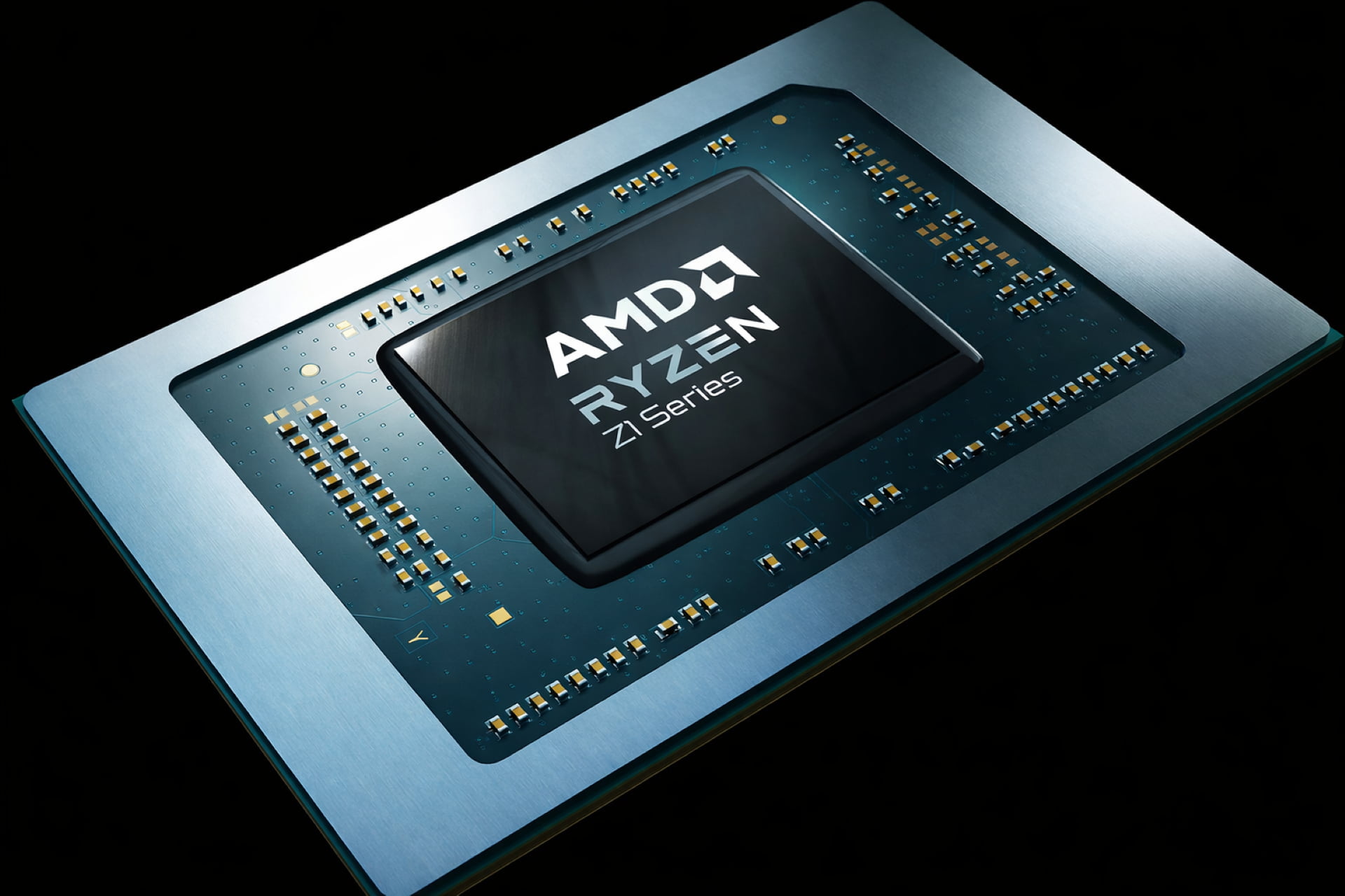 Angled close-up of an AMD Ryzen Z1 Series chip on a blue-green motherboard, with gold circuitry details and a silver frame, set against a black background.