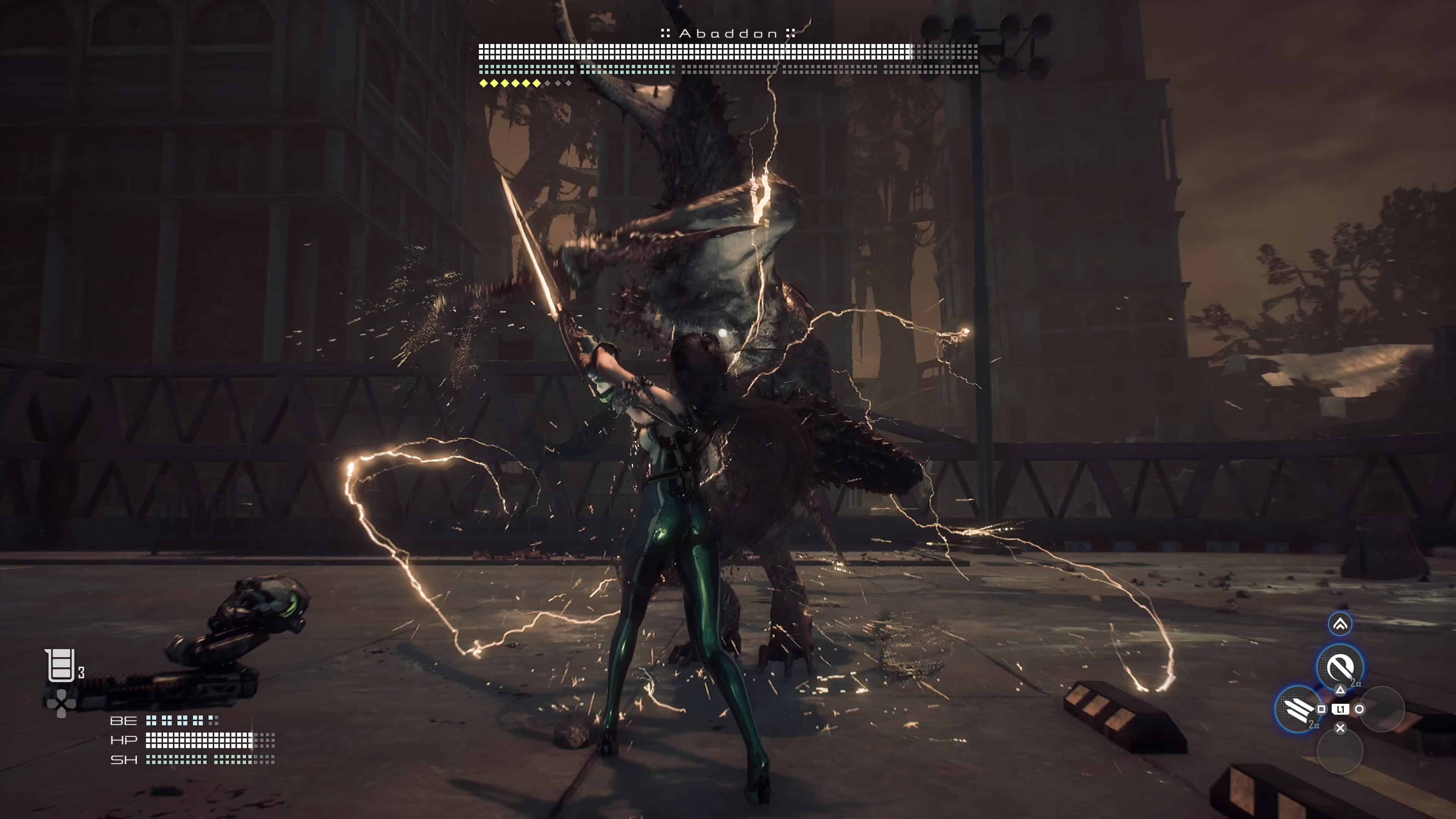 Stellar Blade best Gear- the main character EVE deflects an attack from a large monster