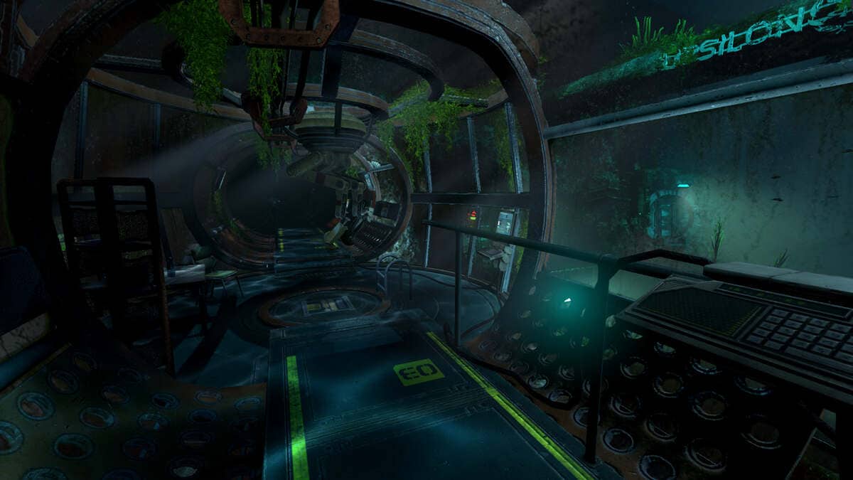 An abandoned sci-fi corridor with overgrown plants and scattered debris in SOMA.