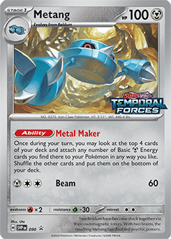 A trading card from the Pokémon series featuring Metang, a dual steel/psychic-type Pokémon, with an illustration of the character in an action pose and gameplay details such as hit points, abilities,