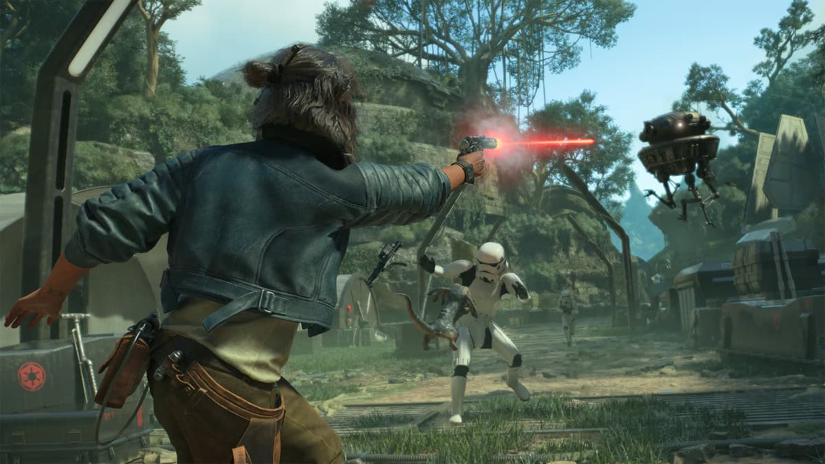 A character fires a blaster at a droid in a forest with futuristic military structures and two stormtroopers present, capturing the essence of the highly anticipated Star Wars Outlaws release date.