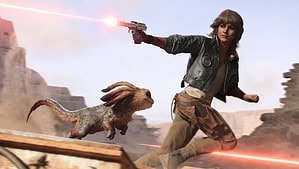 star wars outlaws early access - A person runs while aiming a blaster pistol