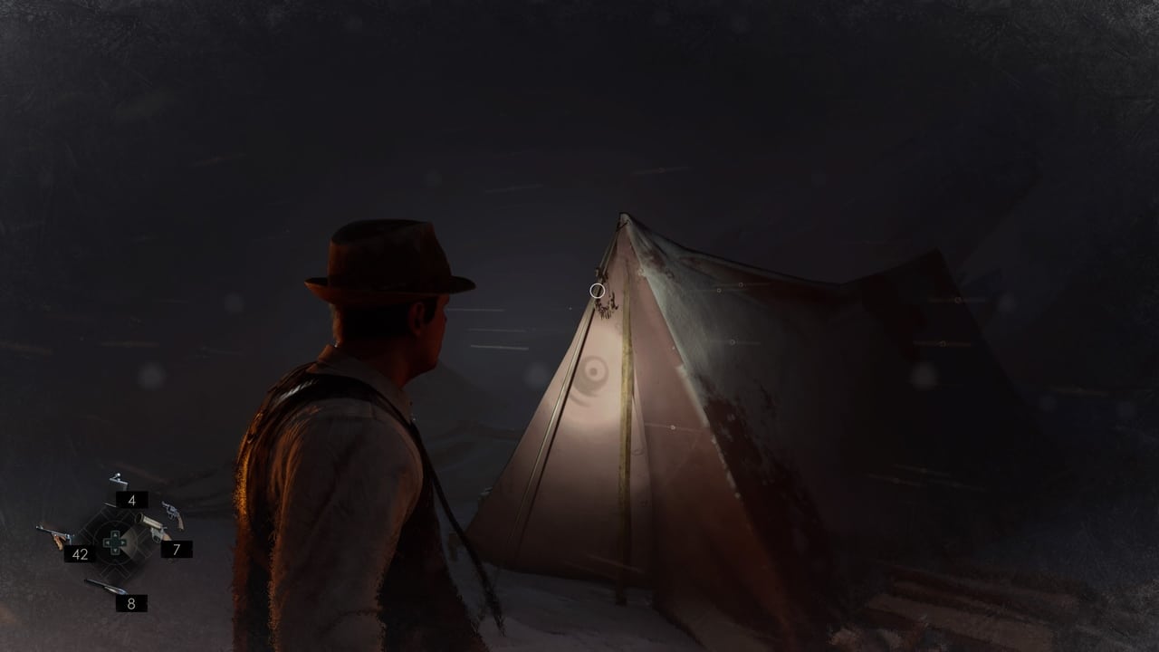 A character in a fedora, alone in the dark, examining a tent at night with an illuminated mysterious symbol on it.