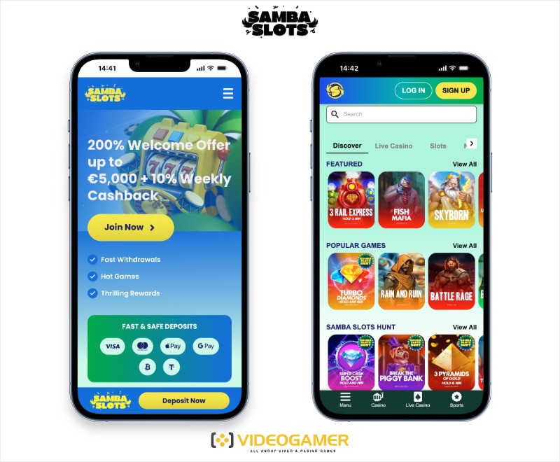 Samba Slots app displayed on two smartphones, offering a 200% welcome bonus up to €5,000 and 10% weekly cashback. Featuring top games like 3 Rail Express and Fish Mafia, it’s designed for players looking for the best online casinos in Japan on mobile.