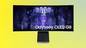 The Samsung Odyssey Ode G8 gaming monitor is displayed on a vibrant yellow background.