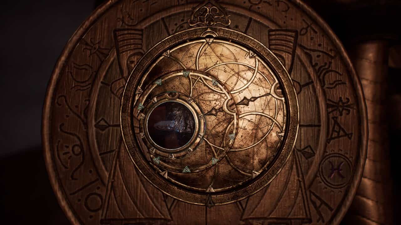 Antique astrolabe featuring intricate engravings and celestial diagrams related to how to open the sarcophagus in Alone in the Dark.