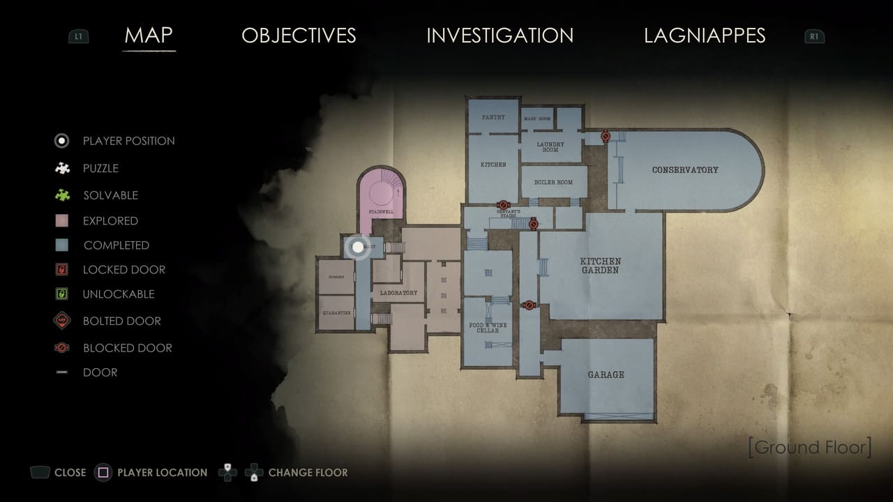 A digital overlay of Alone in the Dark Lagniappe's map interface showing player position, various rooms, and different points of interest such as puzzles and locked doors.