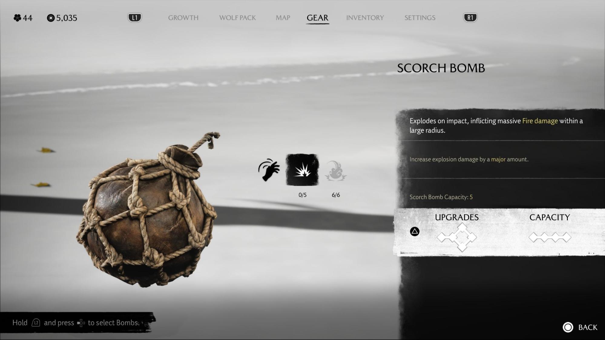 Scorch Bomb upgrade screen in Ghost of Yotei showing fire damage stats