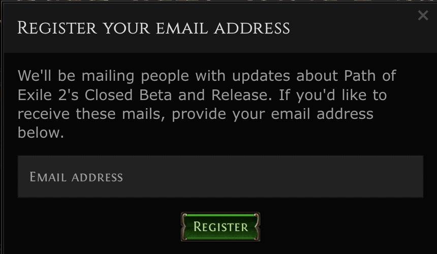 A screen displaying the registration of email addresses for the Path of Exile 2 closed beta.