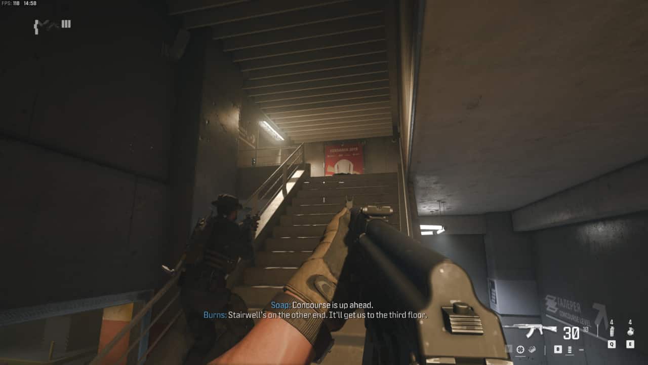Modern Warfare 3 Flashpoint: stairwell in Verdansk stadium.