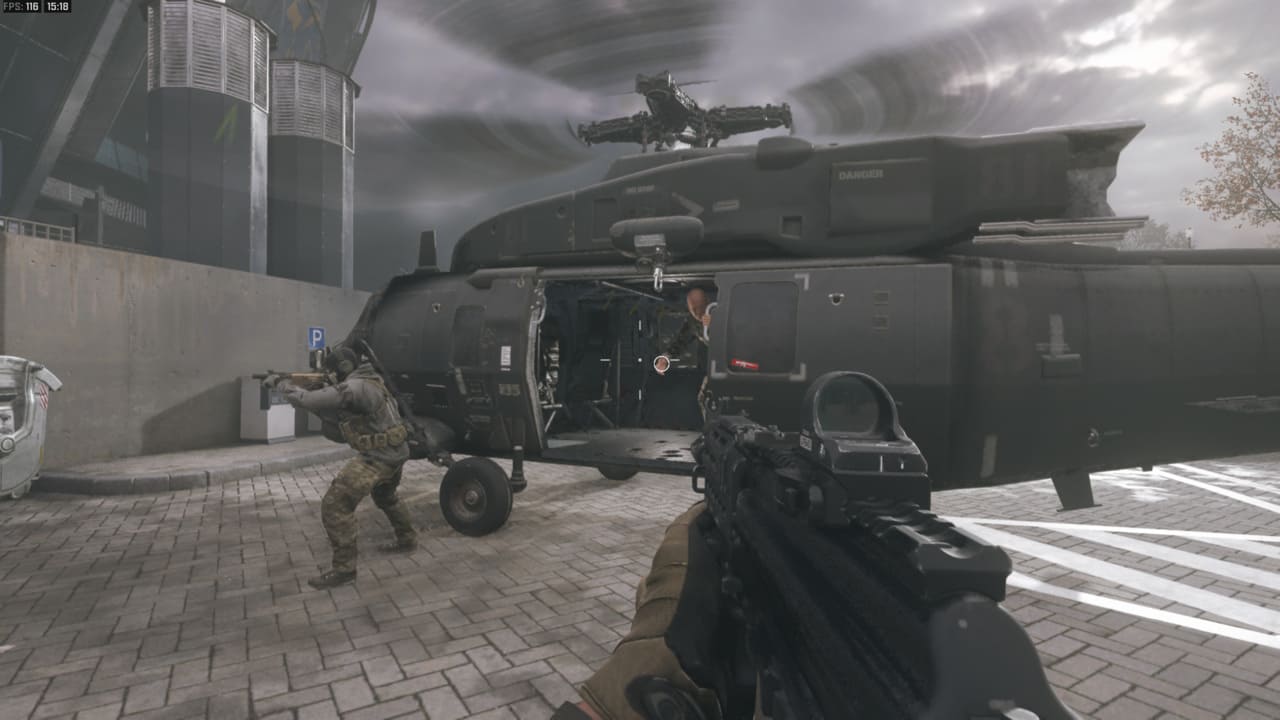 Modern Warfare 3 Flashpoint: exfil helicopter at the Verdansk stadium.